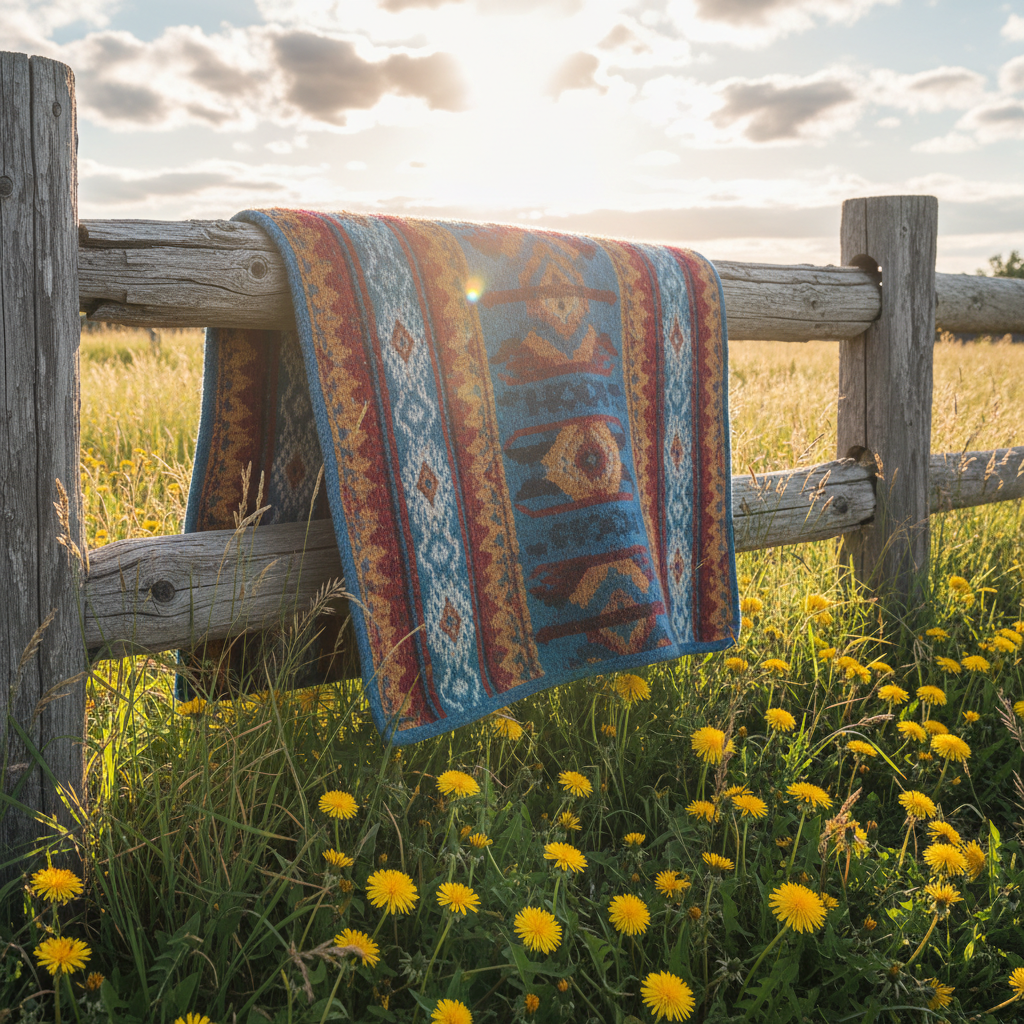 A vibrant, multi-colored saddle blanket draped over a rustic, weathered wooden fence rail, surrounded by tufts of tall grass and a scattering of yellow dandelions. The blanket’s woven texture and intricate patterns are rendered in sharp detail, with lively hues of blue, red, and gold. Early morning sunlight filters through broken clouds, creating sparkling highlights and soft shadows on the cloth and the rounded fence posts. Captured with an eye-level perspective, the composition centers the blanket, evoking a joyful, welcoming ranch atmosphere in true-to-life photographic style.