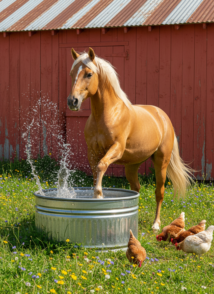 A striking palomino horse playfully splashing one hoof in a gleaming metal water trough, water droplets frozen mid-air, set against a lively coral red ranch shed. The trough and playful horse are surrounded by lush green grass and scattered wildflowers, while a few chickens peck nearby. Bright midday sunlight floods the scene, illuminating the horse’s shimmering golden coat and glistening water. The elevated, off-center composition captures motion and whimsy, with rounded forms and a vivid, energetic atmosphere, perfectly reflecting life’s lively moments on the ranch in a photographic style.