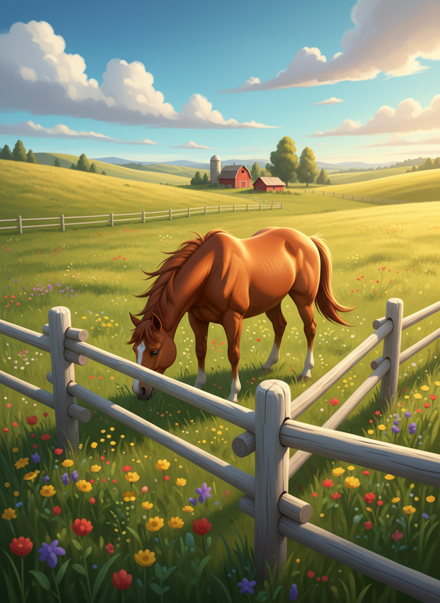 A chestnut horse with a glossy coat grazes near a sun-bleached wooden fence, its mane tousled by a gentle breeze, in the heart of a sprawling green pasture dotted with wildflowers. The background reveals rolling hills, distant red barns, and a turquoise sky with fluffy clouds. Vibrant late afternoon sunlight bathes the scene, producing lively highlights on the horse’s back and warm shadows beneath its hooves. The composition uses a slightly elevated, wide-angle lens to capture an energetic, expansive ranch atmosphere that feels both playful and authentic. Photographic realism and whimsical, rounded forms unite to embody the spirited nature of ranch life.